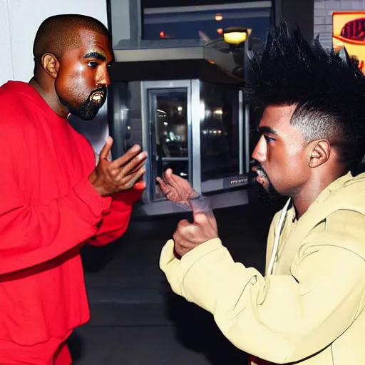 Image similar to kanye west having an argument with goku outside an applebee's, photo, realistic, paparazzi photo, 4 k, photo real