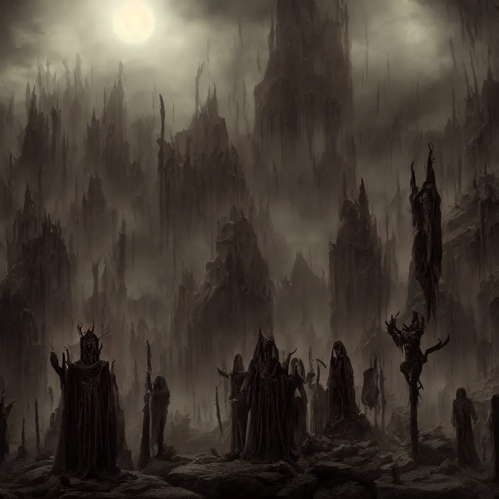 Prompt: matte painting members of a blood cult summon a deity, dark and mysterious, atmospheric, ominous, eerie, cinematic, cinematic, 4k, ultra detail, ultra realistic