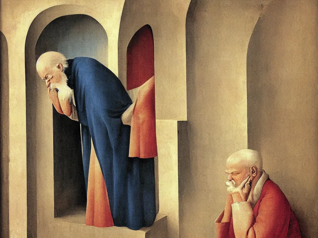 Prompt: old man looking out side the window. Painting by Fra Angelico.