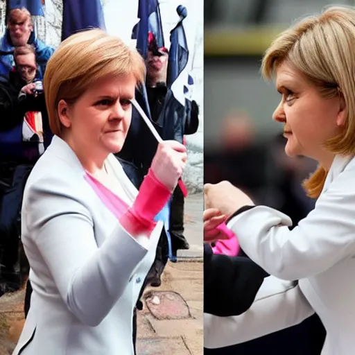 Image similar to First Minister Nicola Sturgeon vs British conservative Mp Liz Truss in street fighter