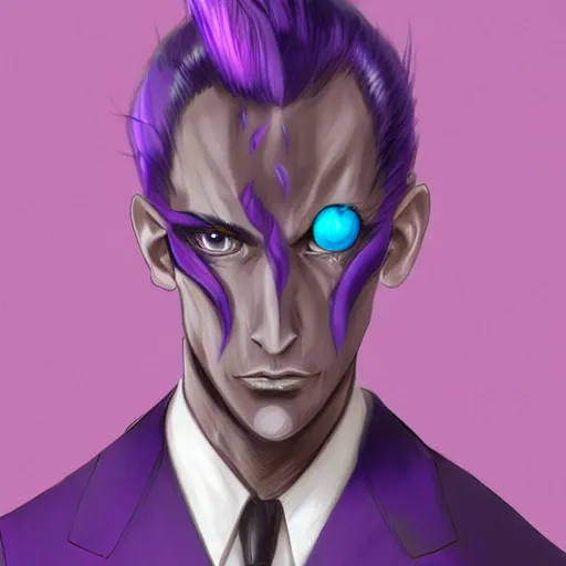 Prompt: Handsome purple and Teal skinned Tiefling, wearing suit, striking eyes, Yoshitaka Amano, digital art