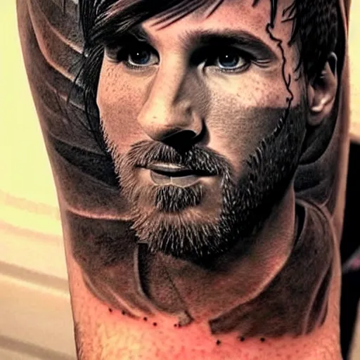 Image similar to realistic tattoo sketch of a lionel messi face double exposure mountain scenery, in the style of matteo pasqualin, amazing detail, sharp, faded