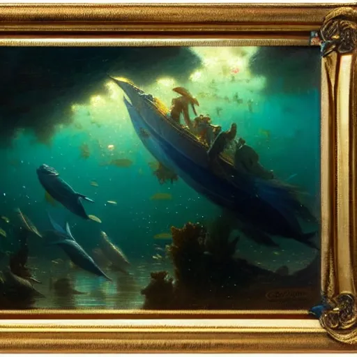 Image similar to point of view of deep in the ocean looking up, you see fishes, higher up you see very clearly the milk way illuminating the sea down bellow, night time. highly detailed painting by gaston bussiere, greg rutkowski 8 k