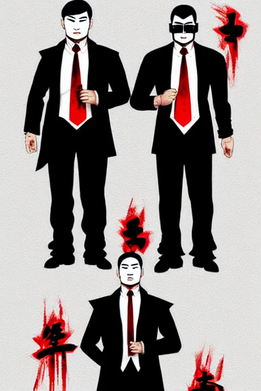 Image similar to chinnese mafia, with black suit and red tissue, some of leader have dragon tatto. digital art, concept art, pop art, bioshock art style, accurate, detailed, gta chinatown art style, l. a noire art style, dynamic, face features, body features, ultra realistic, smooth, sharp focus, art by richard hamilton and mimmo rottela