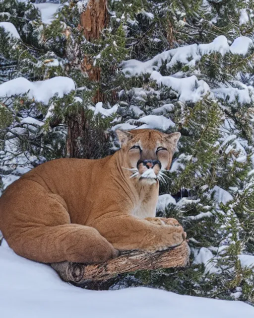 Image similar to postcard showing 'a cougar sleeping in the middle of snowy pine tree' laying on coffee table, zoomed out, HD, iphone capture