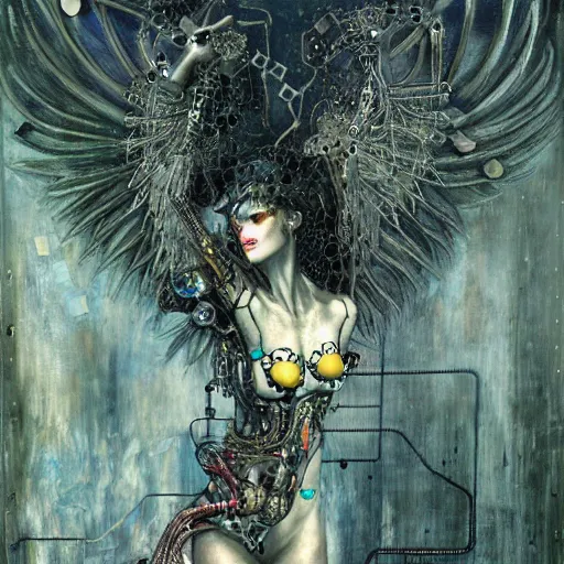Image similar to winged cyberpunk demoness trapped in circuitry, intricate detail, miro, royo, whealan, klimt,