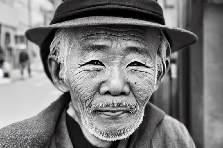 Image similar to still photo of a japanese old man greeting at the camera on the street, black and white color aesthetic, highly detailed, photorealistic portrait, bright studio setting, studio lighting, crisp quality and light reflections, unreal engine 5 quality render