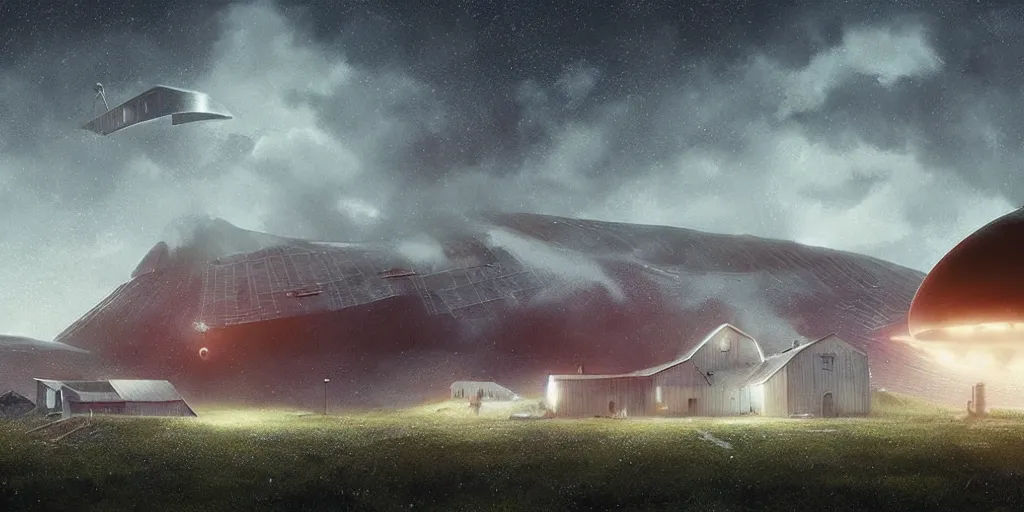 Image similar to In the north of Norway, a large spaceship flies far above a farm with a farmhouse and a stable, dreamy misty matte painting dystopian sci-fi digital art in the style of Simon Stalenhag, featured on Artstation