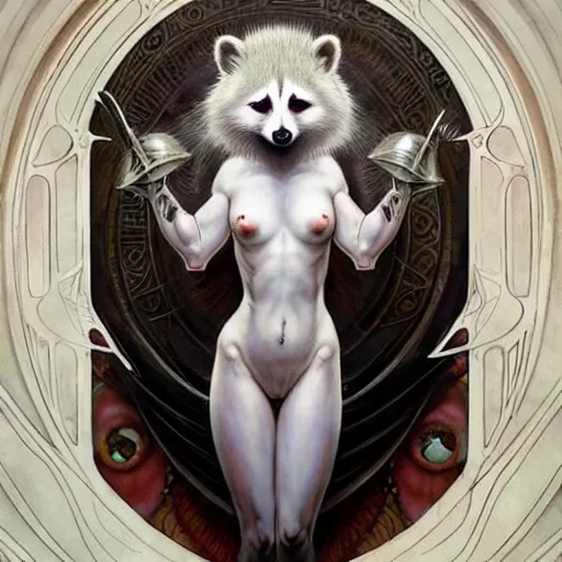 Prompt: an albino raccoon as the roman goddess of chaos!! intricate elegant, highly detailed, digital painting, artstation, concept art, smooth, sharp focus, illustration, art by ( ( ( artgerm ) ) ) and greg rutkowski! and ( ( alphonse mucha ) ), heavily influenced by frank frazetta and boris vallejo, sword and sorcery