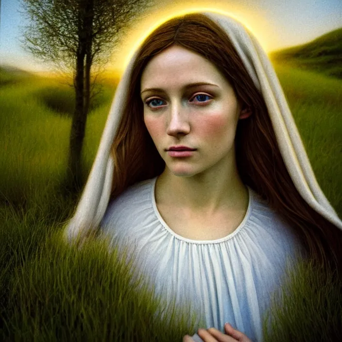 Image similar to kodak portra 4 0 0, 8 k, soft light, volumetric lighting, highly detailed, britt marling style 3 / 4, portrait photo of the virgin mary, highly detailed face, inspired by ophelia paint, a beautiful scenery with highly detailed landscape, realistic, refined, beautifully detailed, natural outdoor soft pastel lighting colors scheme, outdoor fine art photography, hyper realistic, photo realistic