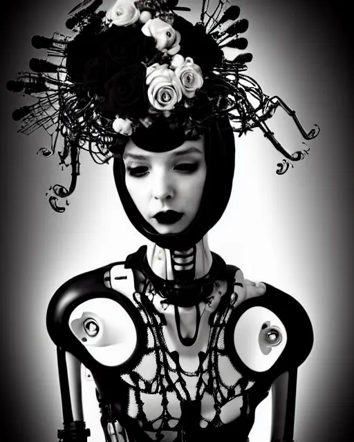 Image similar to dreamy surreal poetic black and white photo of a beautiful young bio-mechanical-female-jellyfish-cyborg-plastic-robot with a very long neck and a super big gothic lace collar and a very high big floral crown with many black dry roses by Vivienne Westwood:: smoke, high fashion, haute couture, rococo, avant-garde, elegant, dreamy, hyper realistic, 150 mm lens, soft rim light, octane render, unreal engine, picture was taken in 1910 by Dora Maar, volumetric lighting, dramatic light,8k,