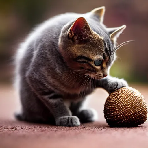 Prompt: a photo of the tiniest cat playing in the world toying with a big round acorn, award winning photography, 4 k, high detail