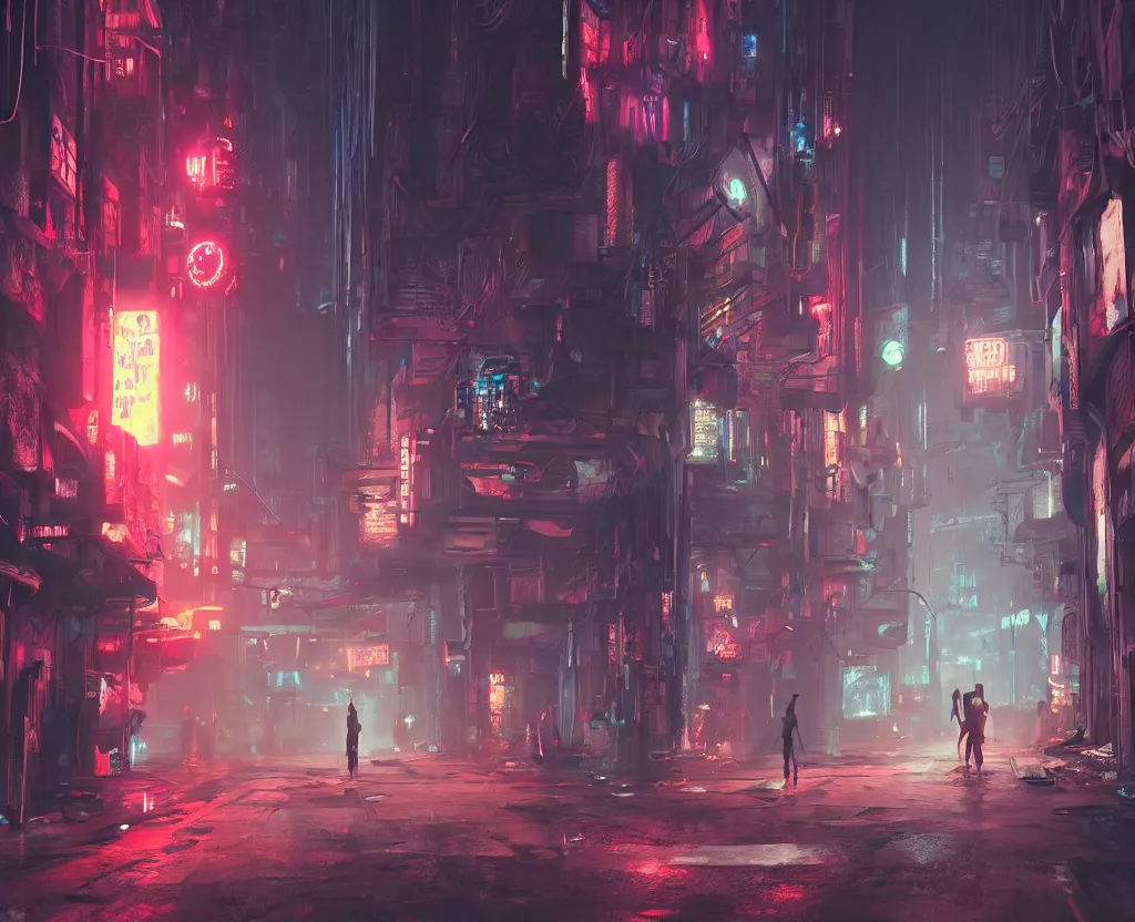 Image similar to close wide angle shot of a matte painting environment design of dystopian cyberpunk alley with neon lights, people on the streets being monitored by flying drones, artstation, design by dreadjim, eddie mendoza, james paick, ultra realistic, volumetric lighting, 4k, octane render