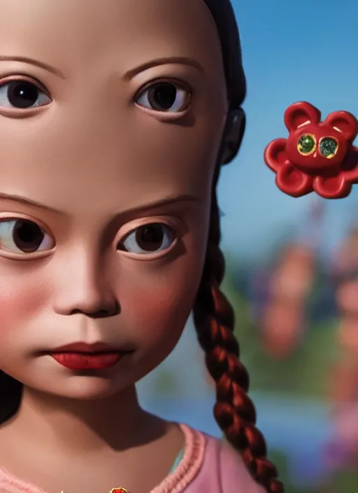 Image similar to closeup profile portrait of tin toy greta thunberg wearing a bikini, depth of field, zeiss lens, detailed, symmetrical, centered, fashion photoshoot, by nicoletta ceccoli, mark ryden, lostfish, breathtaking, 8 k resolution, extremely detailed, beautiful, establishing shot, artistic, hyperrealistic, octane render