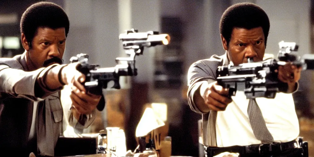 Image similar to Denzel Washington as Jules Winnfield in 'Pulp Fiction 2: The Enemy Within' (2004), movie still frame