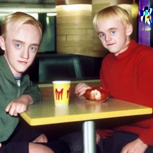 Image similar to Draco Malfoy and Eddie Munson sitting at a booth in McDonalds, McDonalds interior background, photo