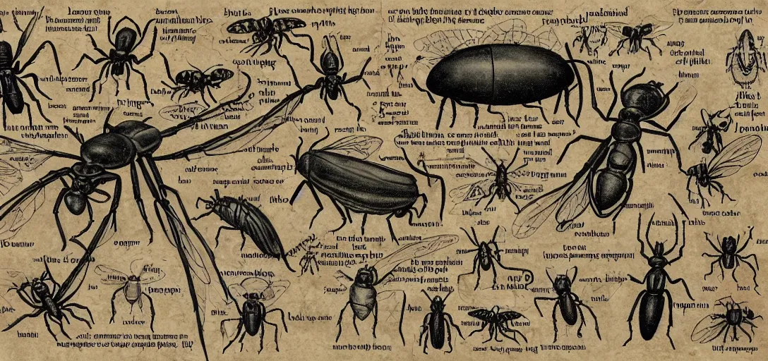 Prompt: infographic of the evolution of extraterrestrial alien insects, marginalia, highly detailed