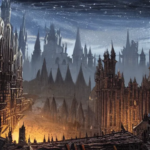 Prompt: A sprawling view of Anor Londo, Dark Souls in a starry night