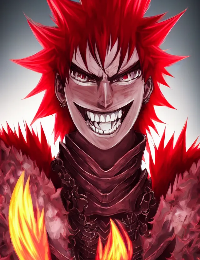 Image similar to a detailed manga portrait of a menacing tall boy with spiked crimson hair and an evil grin in fiery crimson crystalline armour, trending on artstation, digital art, 4 k resolution, detailed, high quality, sharp focus, hq artwork, coherent, insane detail, character portrait