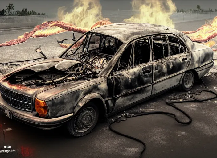 Prompt: a big woman intertwined axolotl in burning wrecked mercedes 1 2 4, ultrafine hyperdetailed illustration by kim jung gi, masterpiece. rendered in blender, smooth shadows, ultra detail, high resolution, unreal 6, 8 k