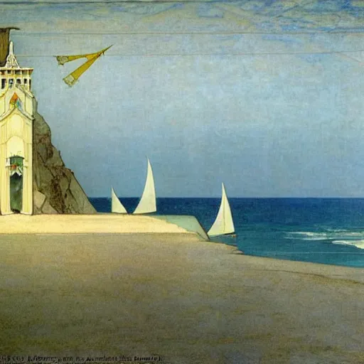 Prompt: The beach castle, sail boat on the background, major arcana palace occult, by paul delaroche, alphonse mucha and arnold böcklin arnold böcklin hyperrealistic 8k, very detailed