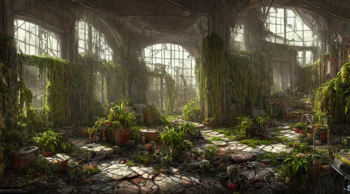 Prompt: post apocalyptic palace interior, interior plants, colorful color scheme, trending on cgsociety, photorealistic, hyperdetailed, hyperrealistic, game cg