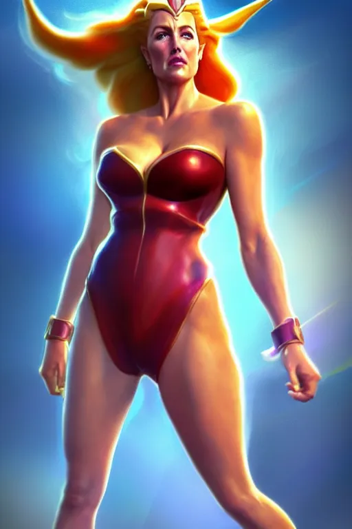 Image similar to polished sweaty she - ra : : gillian anderson kate upton : : christina hendricks body : : weta disney pixar movie still photo : : hi - fructose, sci fi, fantasy, decadent highly - detailed digital painting, golden ratio, octane render, artstation, smooth, sharp focus, artgerm, mucha, loish, wlop : :