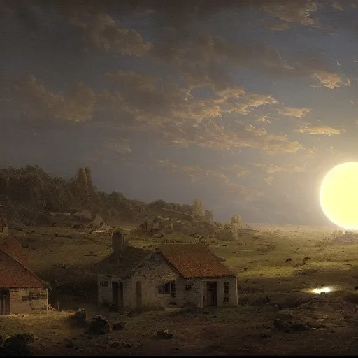 Image similar to dark solar eclipse, above a village, highly detailed, studio 4 k quality, by alexandre calame