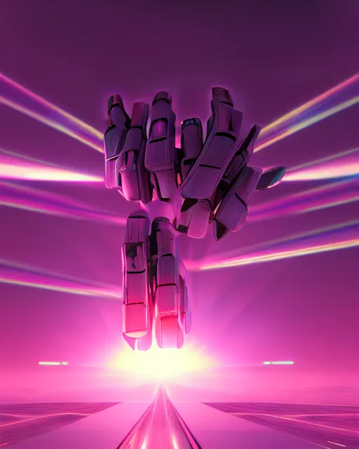 Image similar to hyperrealistic 3d render full mecha iridescent pink peace sign dramatic landscape concept art vray ute osterwald de chirico sharp cinematic very moody light 8k low angle shallow depth of field