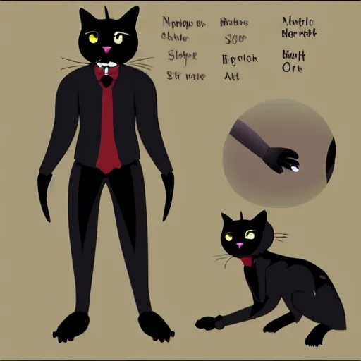 Image similar to A reference sheet for a formally dressed anthropomorphic black cat, digital art