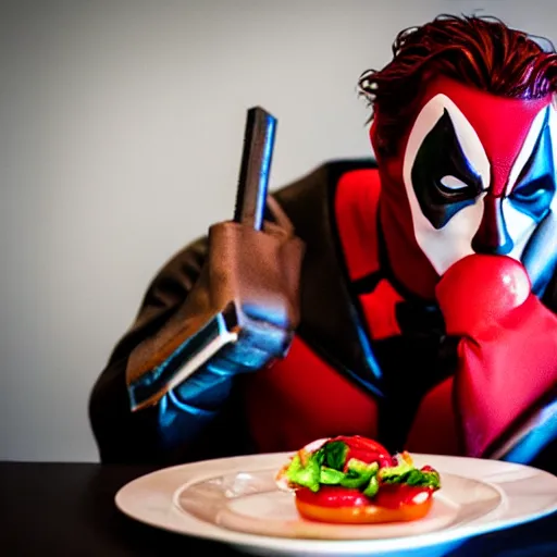 Image similar to joker eating at a fancy restaurant standing next to deadpool, 85mm f/1.4