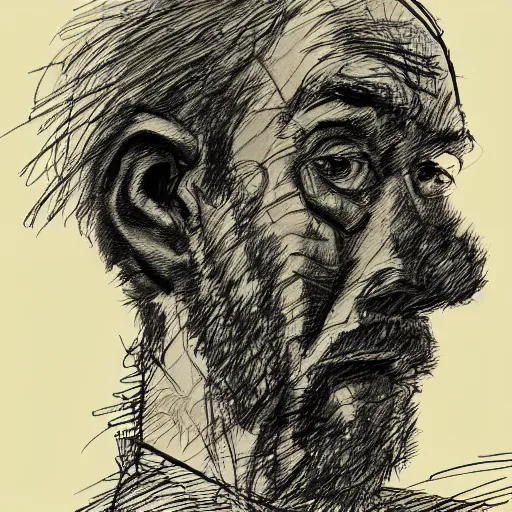 Prompt: a realistic yet scraggly portrait sketch of the side profile of a stern and sophisticated wojak, trending on artstation, intricate details, in the style of frank auerbach, in the style of sergio aragones, in the style of martin ansin, in the style of david aja, in the style of mattias adolfsson