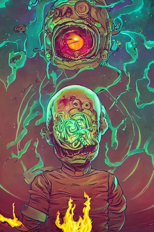 Prompt: rick and morty exploding head parts with smoke,eyes flying out of the head fused with a lovecraft fat bald space zombie and a pirate patch, laser eye, photo, portrait, 3d, high details, intricate details, by vincent di fate, artgerm julie bell beeple, 90s, Smooth gradients, octane render, 8k, volumetric lightning, High contrast, duo tone, depth of field, very coherent symmetrical artwork