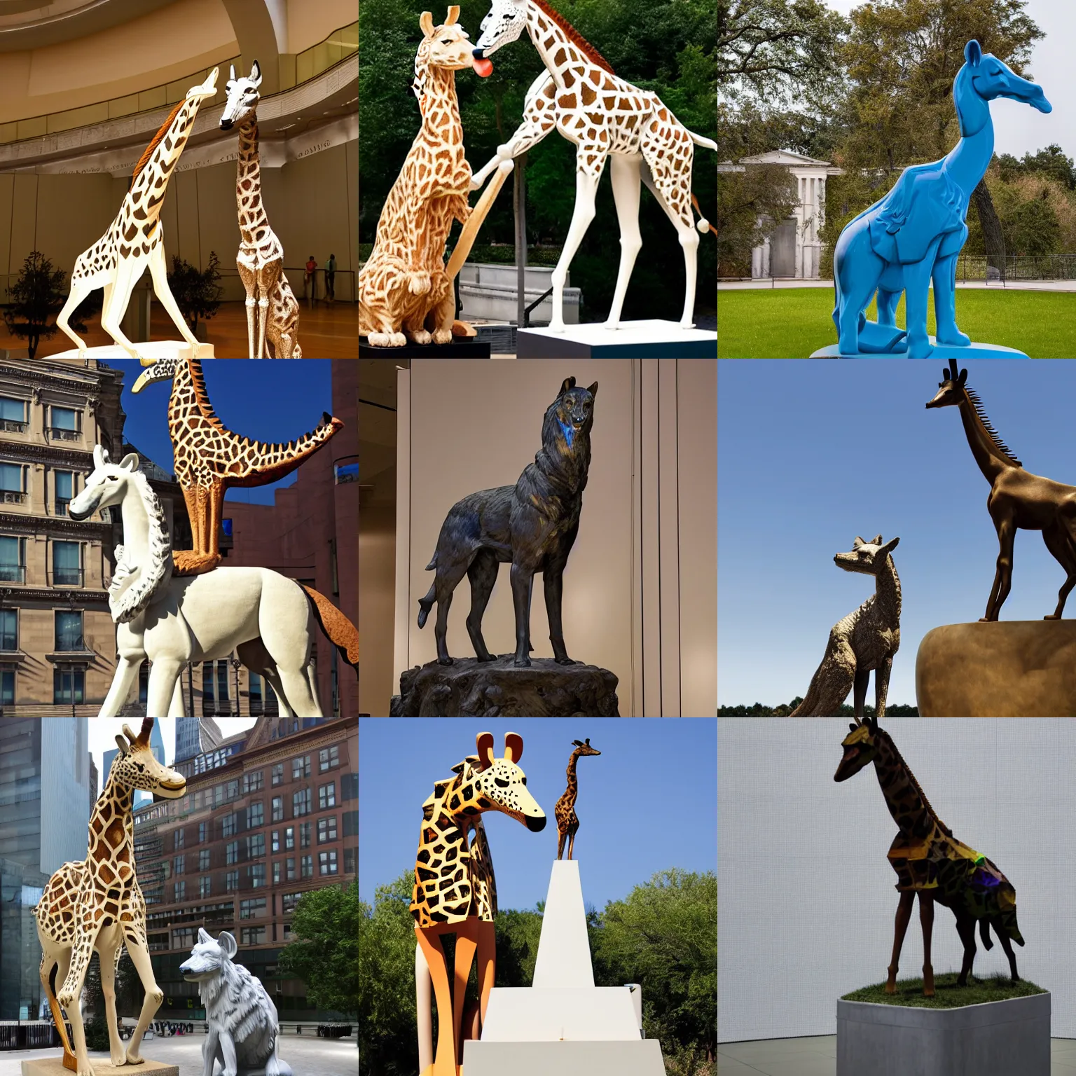 Prompt: a statue of a wolf and a giraffe made by Jeff Koons