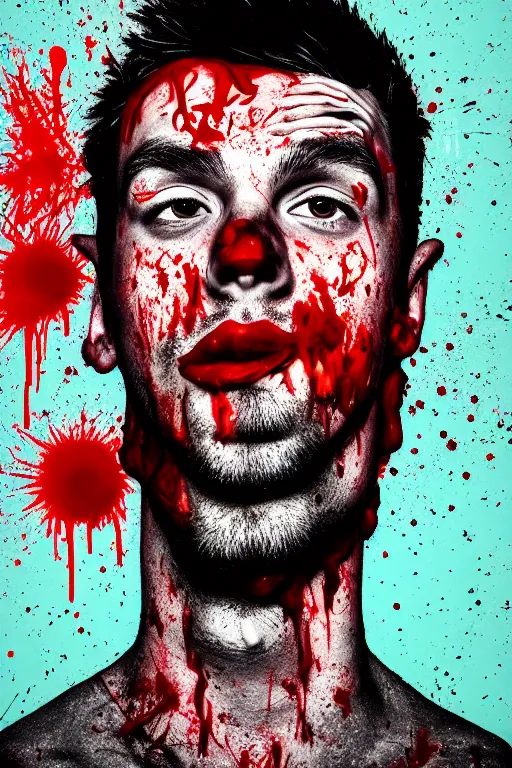 Image similar to guy covered with blood in his face - aesthetic, 4 k, comical, acrylic paint style, pencil style, torn cosmo magazine style, pop art style, ultrarealism, by mike swiderek, jorge lacera, ben lo, tyler west