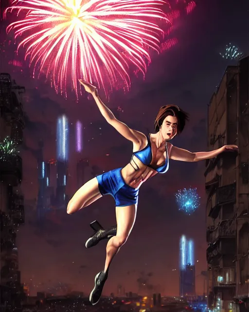 Image similar to gigachad jill valentine bodybuilder jumping in front of a fireworks show fighting wearing a suit in the fight club city, fantasy character portrait, ultra realistic, anime key visual, full body concept art, intricate details, highly detailed by greg rutkowski, ilya kuvshinov, gaston bussiere, craig mullins, simon bisley