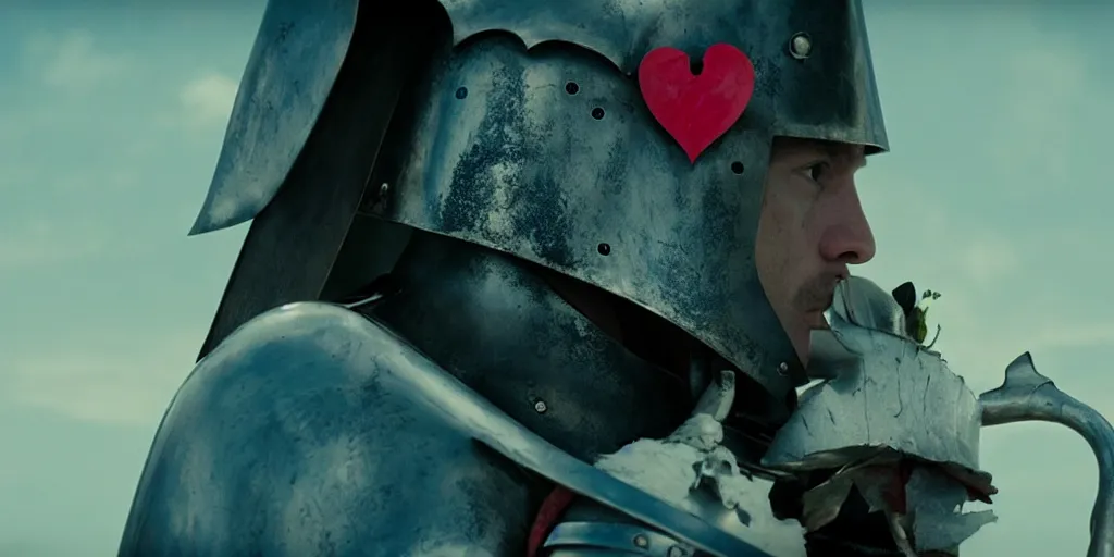 Image similar to film still of closeup the knight holds a bleeding heart in his hand by emmanuel lubezki