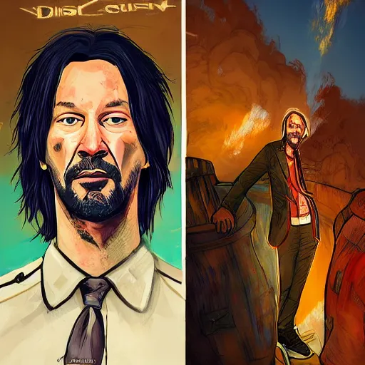 Image similar to keanu reevez in the art style of disco elysium