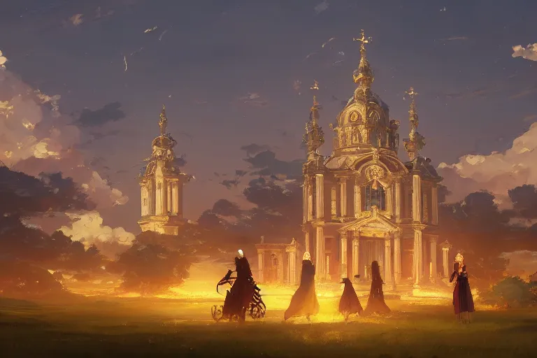 Image similar to a mobile driving ornate baroque church mounted on chaindrive, scene in an open field. key visual, conceptart, ambient lighting, highly detailed, digital painting, artstation, concept art, sharp focus, by makoto shinkai and akihiko yoshida and greg manchess