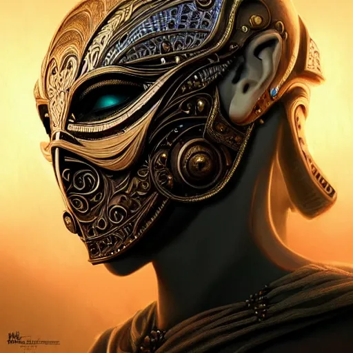 Image similar to Very very very very highly detailed epic photo of full face with beautiful ornamental venetian mask, intricate, dystopian, sci-fi, extremely detailed, digital painting, artstation, concept art, smooth, sharp focus, illustration, intimidating lighting, incredible art by Artgerm and Vincent di Fate and Anton Pieck