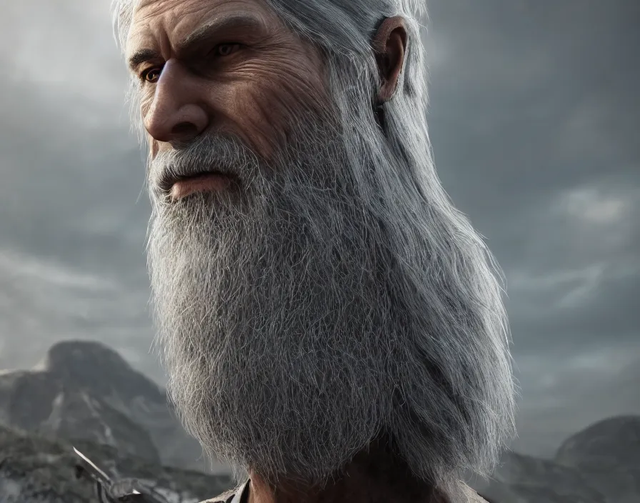 Image similar to grey wizard, very beautiful scenery, hd, hdr, ue 5, ue 6, unreal engine 5, cinematic 4 k wallpaper, 8 k, ultra detailed, by popular digital, details, beautiful image ever created, high resolution, artstation, award winning, detailed body, details face, realistic body proportions, realistic detailed skin