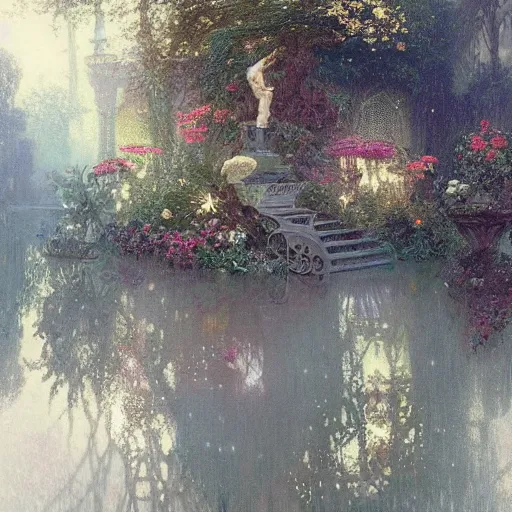 Image similar to a beautifull intricate garden, reflexions, raindrops, high details by william turner art, greg rutkowski and alphonse mucha, trending on artstation, very very detailed, masterpiece,