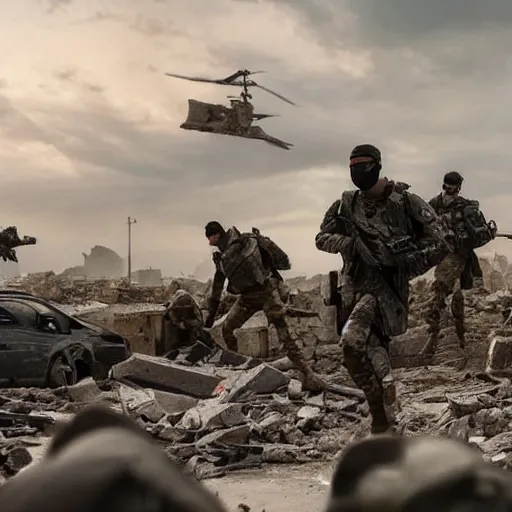 Image similar to Special Forces in grey uniform fighting in a ruined city in 2022, photo by Adam Ferguson, Pulitzer Winning, cinematic composition, breathtaking, modern, 2022