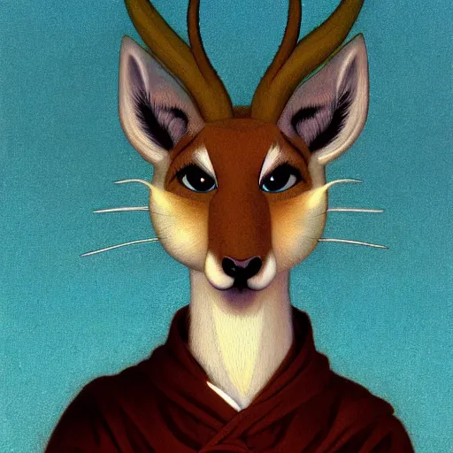 Image similar to a portrait of an anthropomorphic gazelle, furry fursona, in the style of william - adolphe bouguereau and hayao miyazaki and masamune shirow