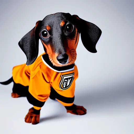 Prompt: dachshund wearing hockey gear