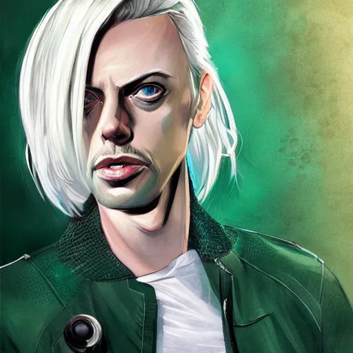 Prompt: beautiful portrait commission of a cute steve buscemi casual clothes in a futuristic mechanical laboratory coat. blonde hair. Green Eyes. character design by charlie bowater, detailed, inked, western comic book art