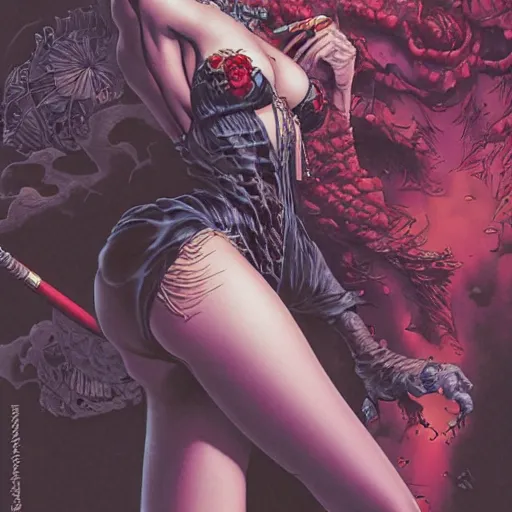 Image similar to closeup of attractive bikini vampire smoking a cigarette, by yoichi hatakenaka, masamune shirow, josan gonzales and dan mumford, ayami kojima, takato yamamoto, barclay shaw, karol bak