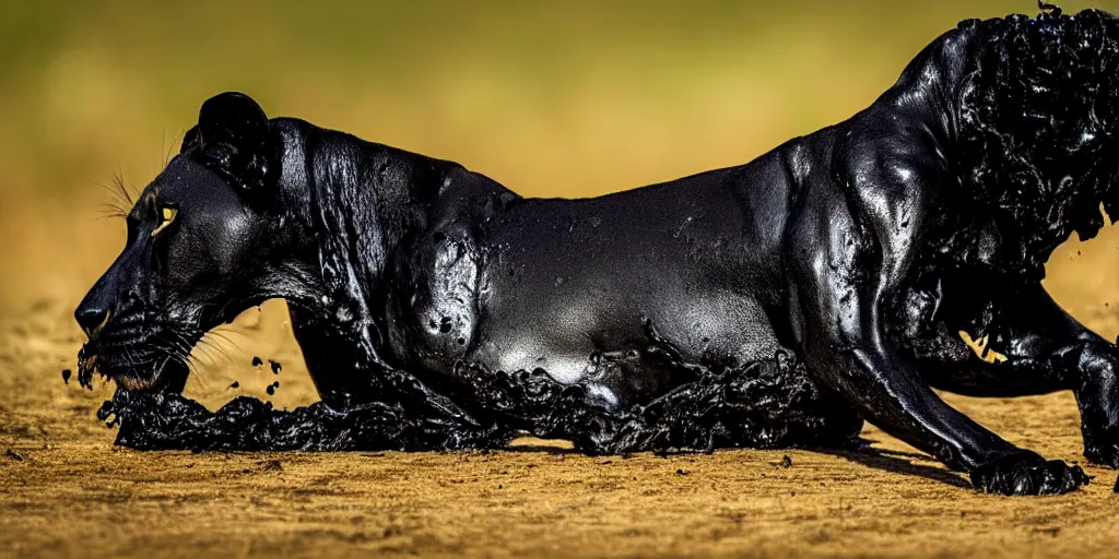Prompt: a black lioness, made of smooth black goo, bathing inside the lake of black goo, viscous, sticky, full of tar, covered with black goo. dslr, photography, realism, animal photography, color, savanna, wildlife photography, black goo