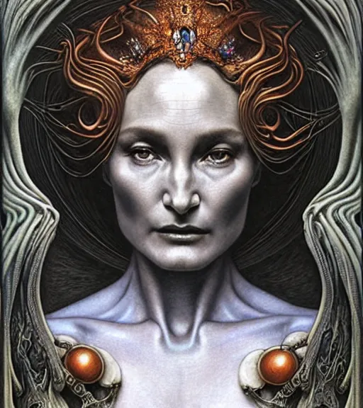 Image similar to detailed realistic beautiful young alien robot jessica lange as queen of mars face portrait by jean delville, gustave dore and marco mazzoni, art nouveau, symbolist, visionary, gothic, pre - raphaelite. horizontal symmetry by zdzisław beksinski, iris van herpen, raymond swanland and alphonse mucha. highly detailed, hyper - real, beautiful