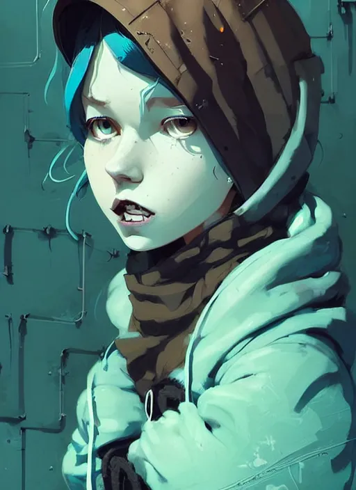 Image similar to highly detailed portrait of a sewer punk lady student, blue eyes, hoodie, cloudy curly white hair by atey ghailan, by greg rutkowski, by greg tocchini, by james gilleard, by joe fenton, by kaethe butcher, gradient green, black, brown and cyan color scheme, grunge aesthetic!!! ( ( graffiti tag wall background ) )